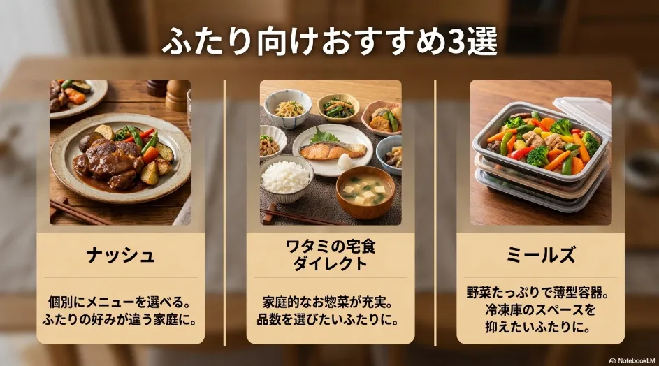 2人暮らし向け宅食としてナッシュ、ワタミの宅食ダイレクト、Mealsの特徴を比較したスライド