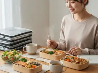 笑顔で宅食を食べる日本の若い女性と、テーブルに並べられた複数の宅食弁当