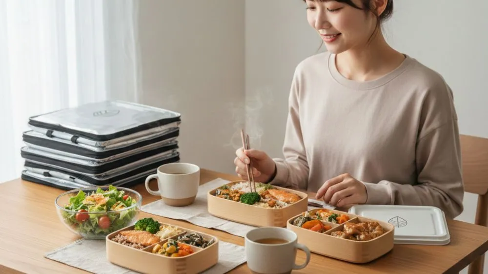 笑顔で宅食を食べる日本の若い女性と、テーブルに並べられた複数の宅食弁当