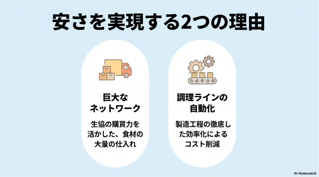 デリミールの安さを実現する2つの理由。生協の購買力を活かした大量仕入れと、調理ラインの自動化によるコスト削減の仕組みを解説。