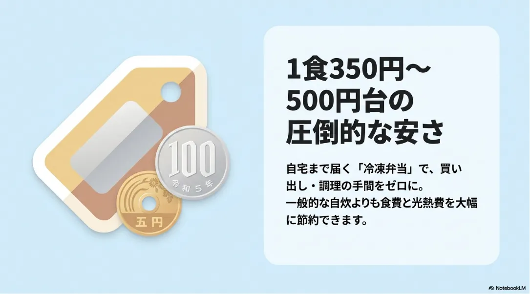 1食350円から500円台という圧倒的な安さを強調するスライド。買い出し・調理の手間がゼロになり、自炊より食費・光熱費を節約できるメリットを紹介。