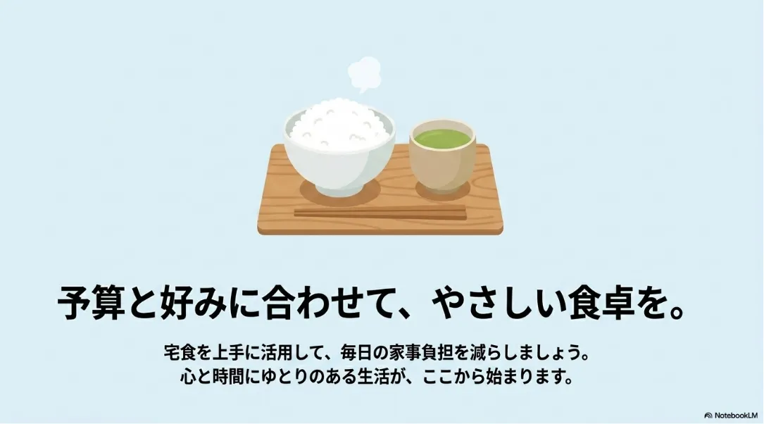 予算と好みに合わせて、やさしい食卓を。宅食を活用して家事負担を減らし、心と時間にゆとりのある生活を提案する結びのスライド。