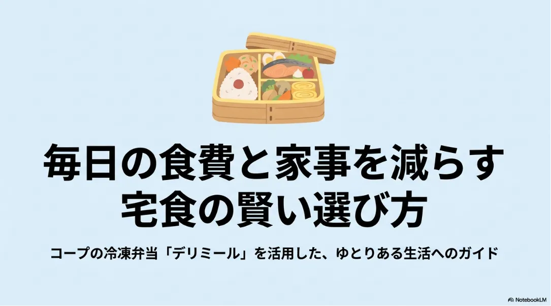 毎日の食費と家事を減らす宅食の賢い選び方。コープの冷凍弁当デリミールを活用した生活ガイドのタイトルスライド。