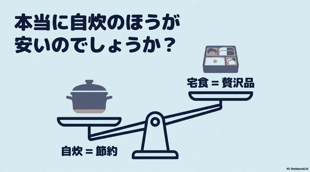 自炊は節約、宅食は贅沢品という一般的なイメージを比較する天秤