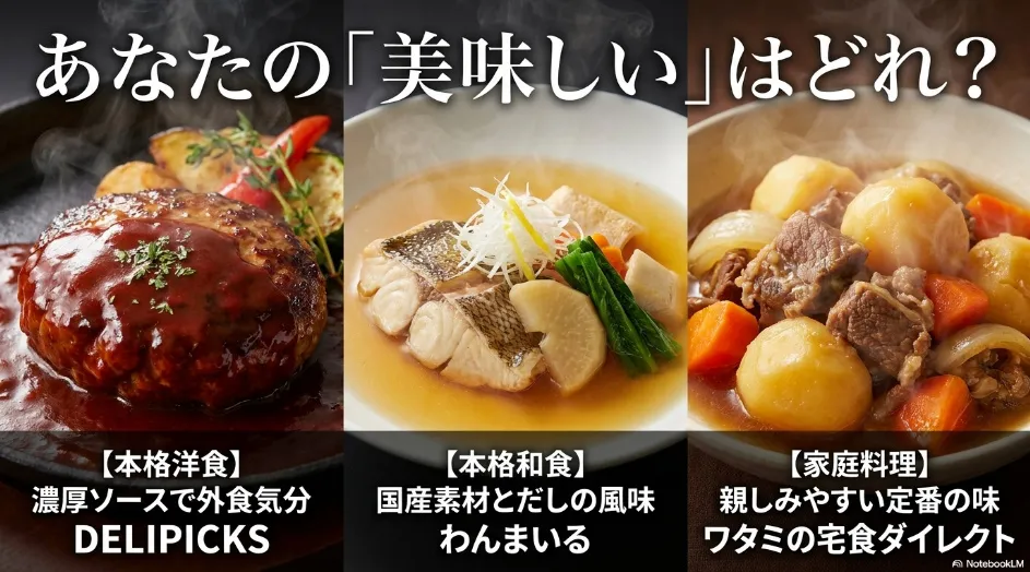 DELIPICKS・わんまいる・ワタミの宅食ダイレクトの味の特徴を比較したスライド