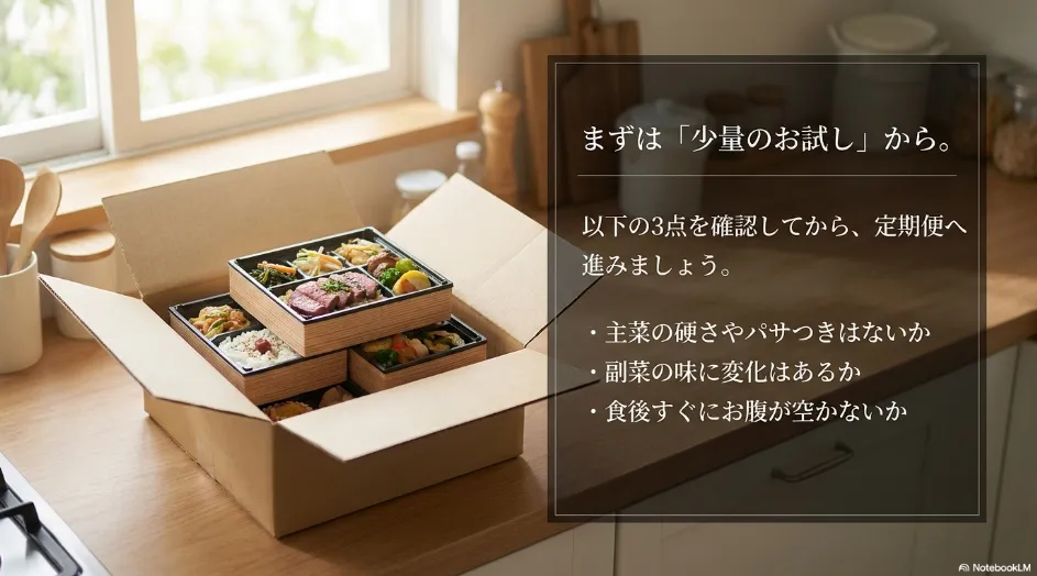 宅配弁当のお試しセットで主菜・副菜・食後の満足感を確認するポイント