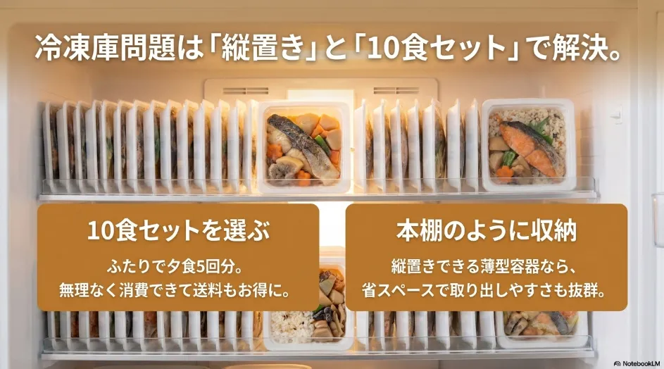 10食セットの冷凍宅配弁当を冷凍庫に縦置きして省スペースで収納する方法