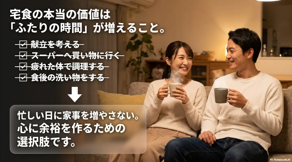 宅食で献立作りや買い物、調理、洗い物を減らし、2人で過ごす時間を増やすイメージ