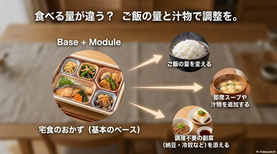 宅食のおかずにご飯や汁物、納豆、冷奴を加えて2人の食事量を調整する方法