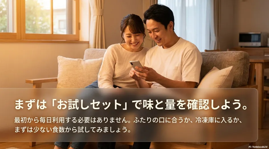 2人で宅食のお試しセットを選び、味や量、冷凍庫への収納を確認する様子
