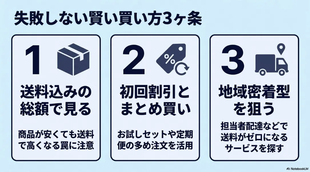 宅食で失敗しない賢い買い方3ヶ条(送料込みの総額、初回割引とまとめ買い、地域密着型)