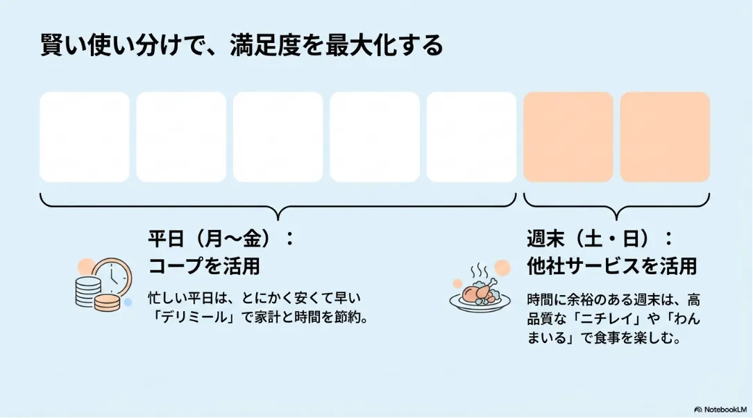 宅食サービスの賢い使い分け戦略。平日は安くて早いコープのデリミール、週末は高品質なニチレイやわんまいるで食事を楽しむハイブリッドな活用法。