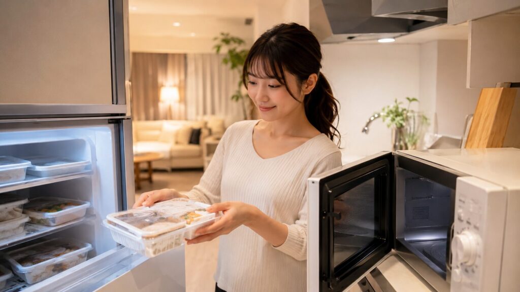 一人暮らしの女性が冷凍庫から宅配弁当を取り出して電子レンジで温める準備をする様子