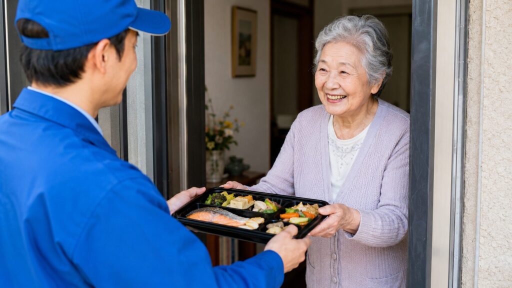 高齢女性が自宅玄関で宅配スタッフから冷蔵の宅配弁当を受け取る様子