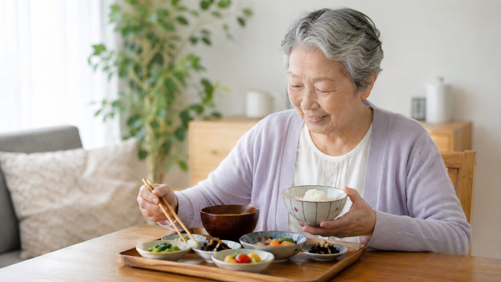 高齢女性が自宅で宅配弁当のおかずとご飯を食べる穏やかな食卓風景