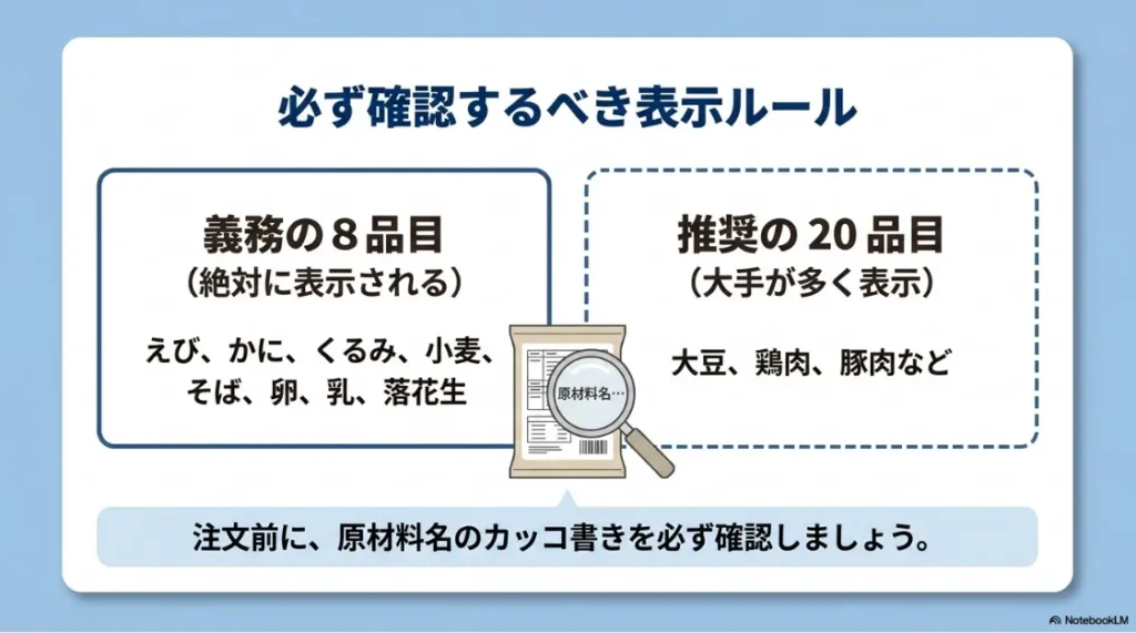必ず確認するべきアレルギー表示ルールを説明するスライド。義務の8品目（えび、かに、くるみ、小麦、そば、卵、乳、落花生）と、推奨の20品目（大豆、鶏肉、豚肉など）があり、注文前に原材料名のカッコ書きを確認することを推奨しています。