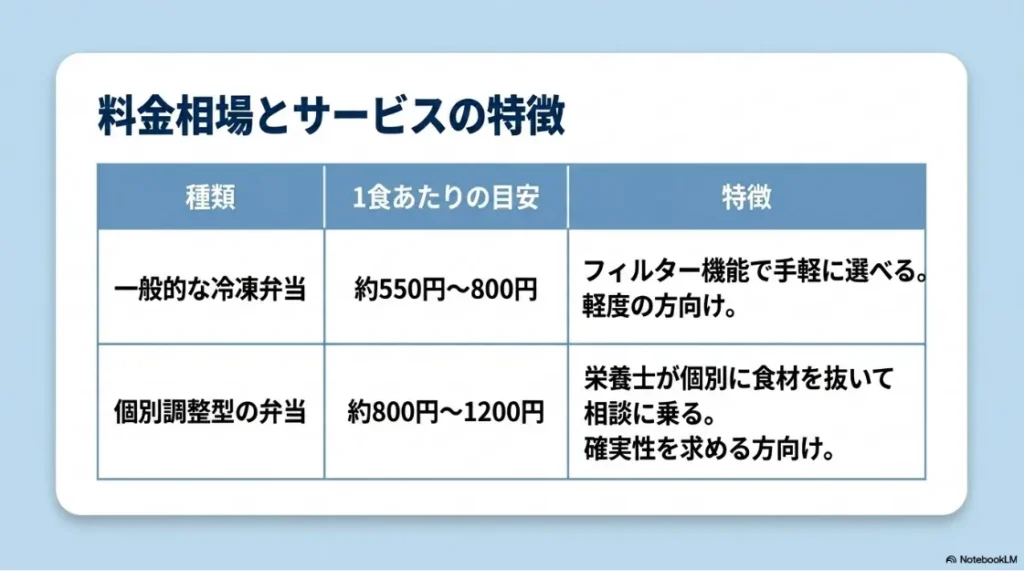 宅配弁当の料金相場とサービスの特徴をまとめた比較表のスライド。一般的な冷凍弁当は約550円〜800円でフィルター機能があり軽度向け、個別調整型の弁当は約800円〜1200円で栄養士が個別に食材を抜いて相談に乗る確実性を求める方向けと記載されています。