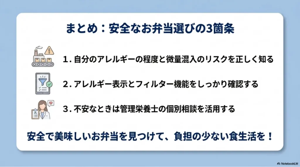 安全なお弁当選びの3箇条をまとめた総括スライド。1.自分のアレルギーの程度と微量混入のリスクを正しく知る、2.アレルギー表示とフィルター機能をしっかり確認する、3.不安なときは管理栄養士の個別相談を活用する、という3つのまとめポイントが記載されています。