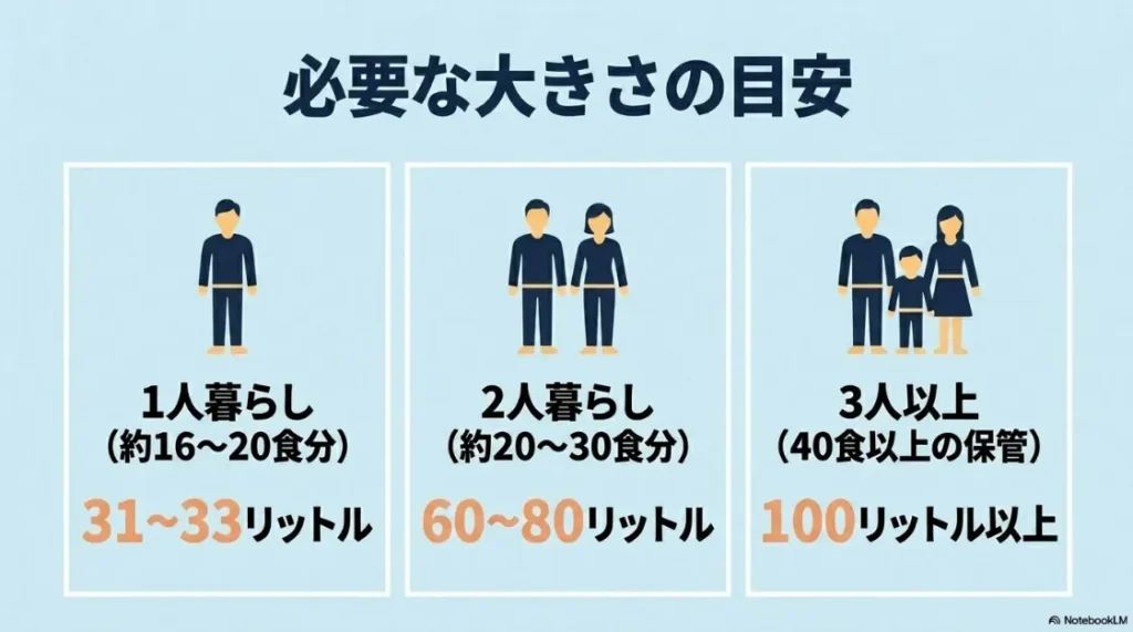 必要な大きさの目安として、1人暮らし（31〜33L、約16〜20食分）、2人暮らし（60〜80L、約20〜30食分）、3人以上（100L以上、40食以上の保管）を示したスライド。2人家族と3人家族のイラスト。