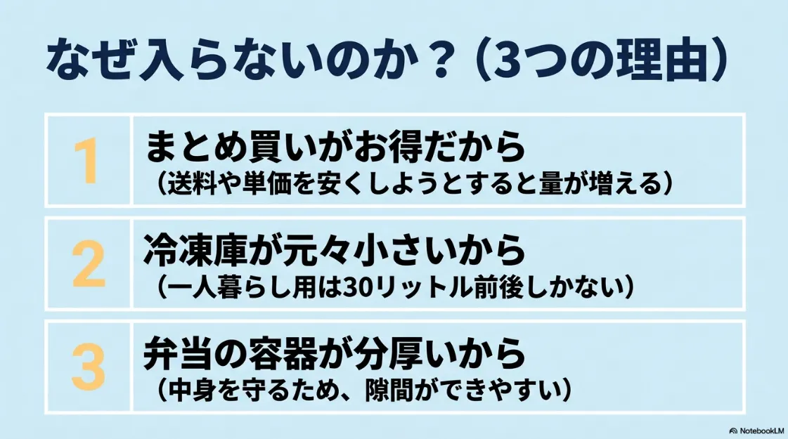 宅配弁当が冷凍庫に入らない3つの理由（まとめ買いがお得だから、冷凍庫が元々小さいから、弁当の容器が分厚いから）を解説するスライド。
