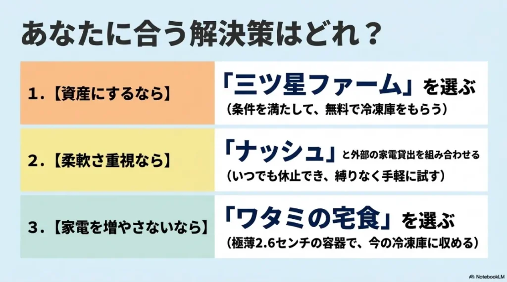 あなたに合う解決策として、1.資産にするなら「三ツ星ファーム」、2.柔軟さ重視なら「ナッシュ」と外部家電貸出、3.家電を増やさないなら「ワタミの宅食」を選ぶことを提案するスライド。