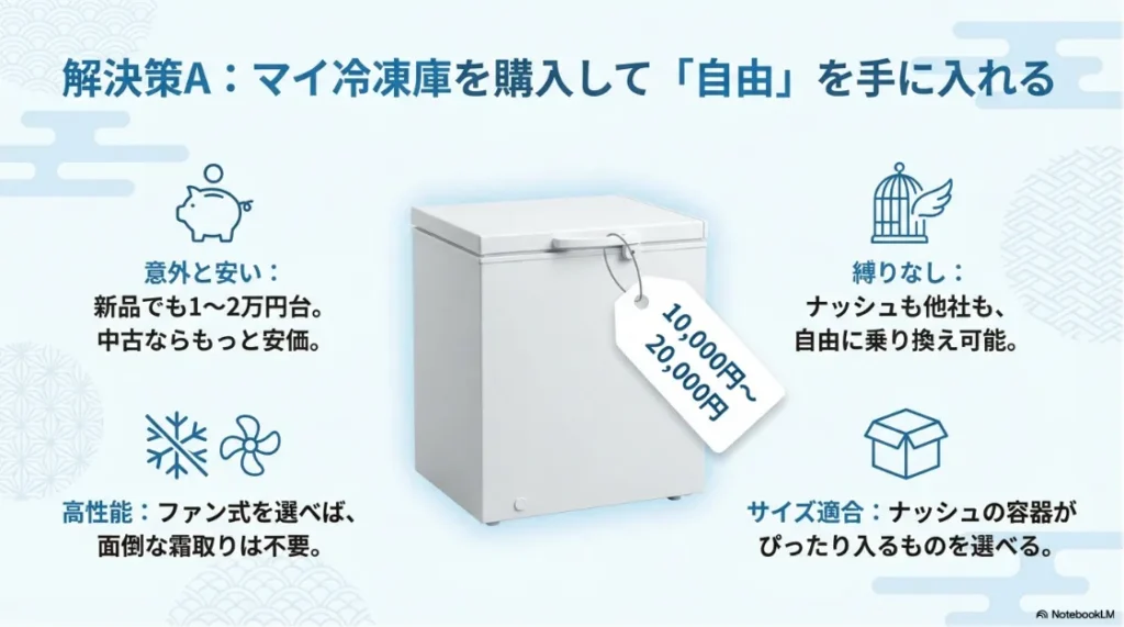 1〜2万円台で購入できるマイ冷凍庫は霜取り不要のファン式も選べ、契約の縛りなく好きなサービスを利用できるメリットの紹介