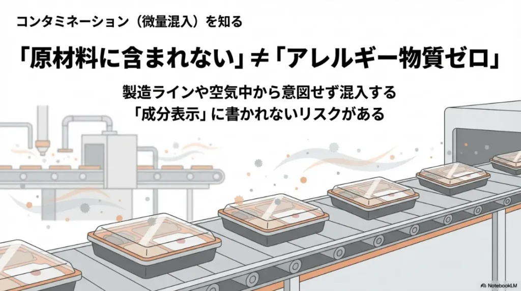 食品製造ラインや空気中から意図せずアレルゲンが混入するコンタミネーション（微量混入）のリスク図解