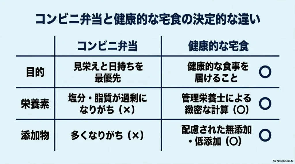 コンビニ弁当と健康的な宅食を目的・栄養・添加物の観点から比較した表