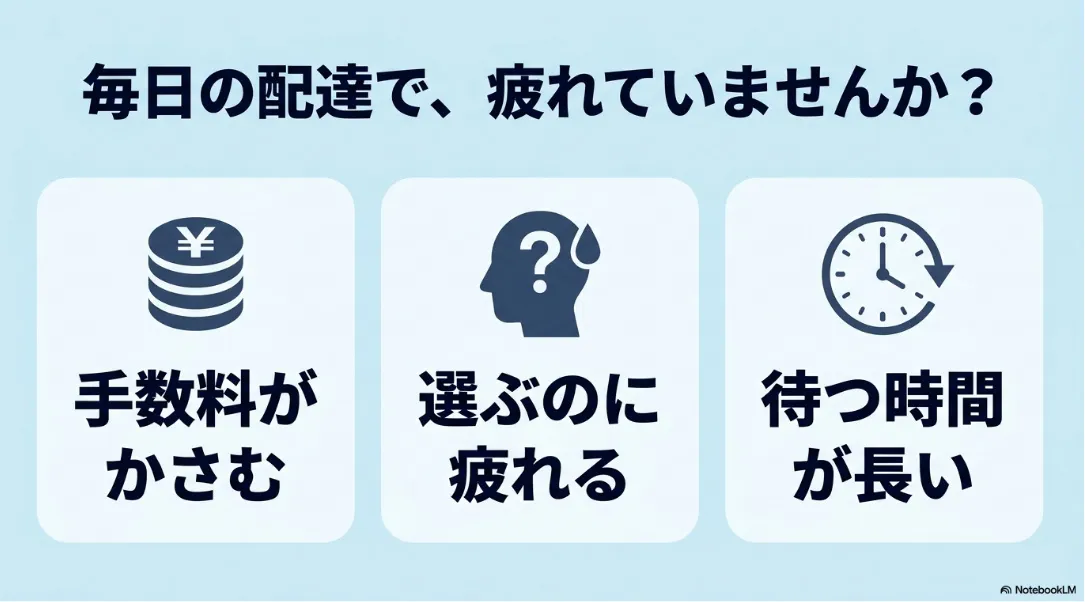 毎日の配達で生じる高い手数料やメニュー選びの疲労といった悩み