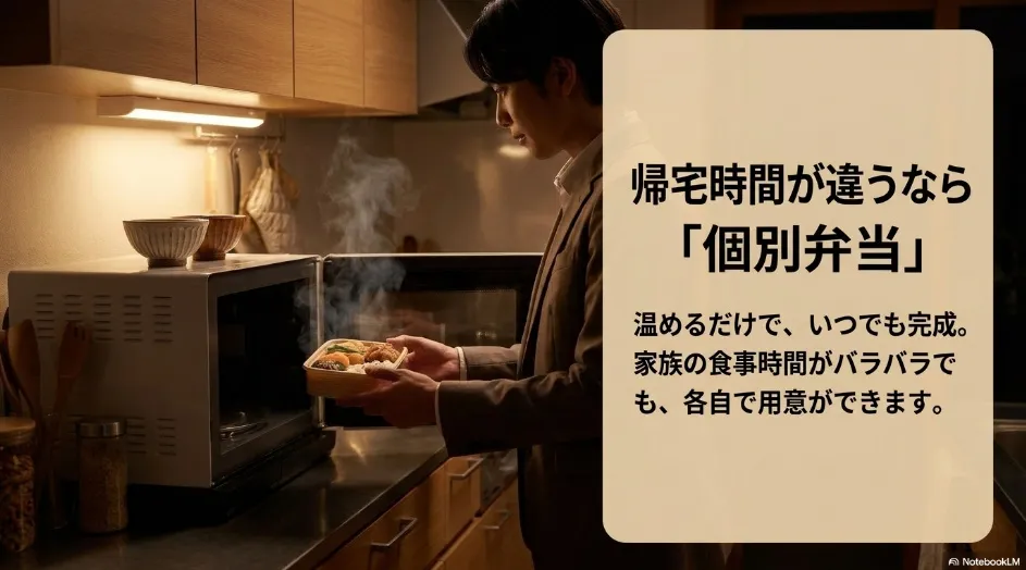 幼児食を食べる子どもとやわらかい食事を食べる高齢者を示した家族向け宅食の図