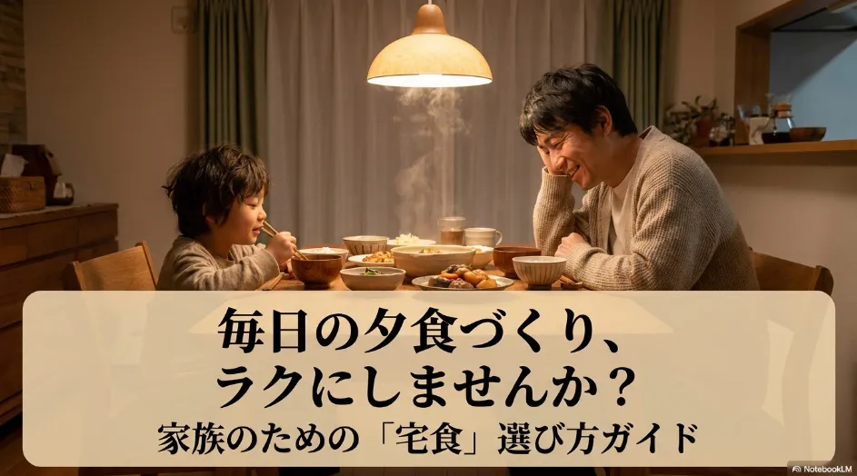 家族で夕食を囲む様子と家族向け宅食の選び方を紹介するスライド