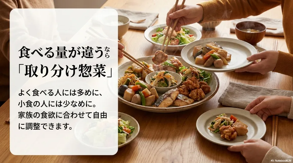 家族の食事量に合わせて主菜や副菜を取り分ける家族向け宅食のイメージ