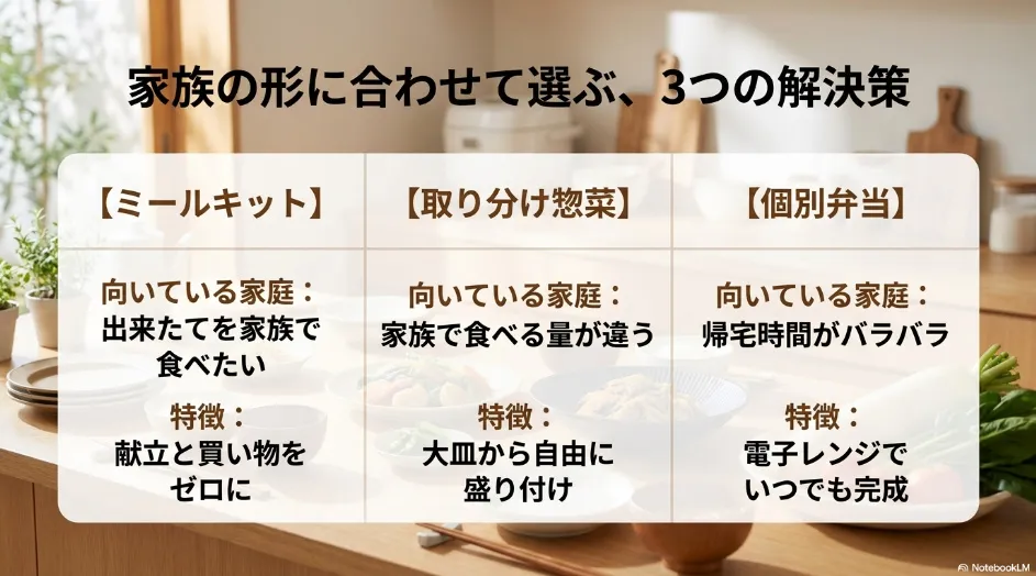 家族向け宅食のミールキット・取り分け惣菜・個別弁当を生活スタイル別に比較した図