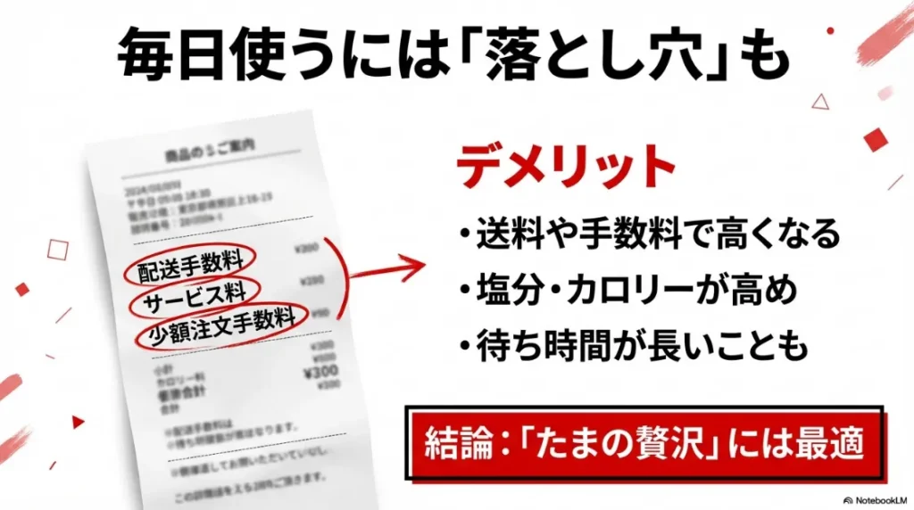 送料や手数料による価格上昇、塩分・カロリーの高さ、待ち時間の長さなど、毎日利用する際のデメリットをまとめたリスト。