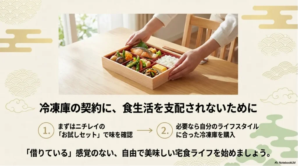 ニチレイのお試しセットから始め、必要に応じてライフスタイルに合った冷凍庫を購入することを勧めるメッセージ