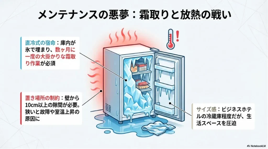 直冷式冷凍庫の霜で埋まった庫内と、壁から10cm以上の隙間が必要な放熱スペースの解説イラスト