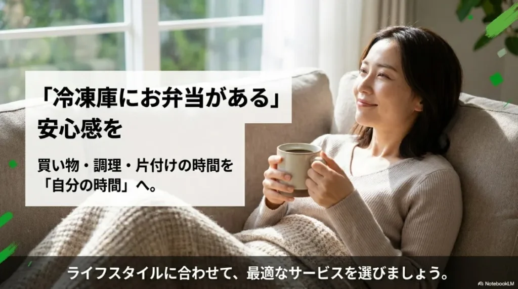 冷凍庫にお弁当がある安心感。買い物や調理の時間を「自分の時間」に変え、ライフスタイルに合わせて最適なサービスを選ぶ提案。