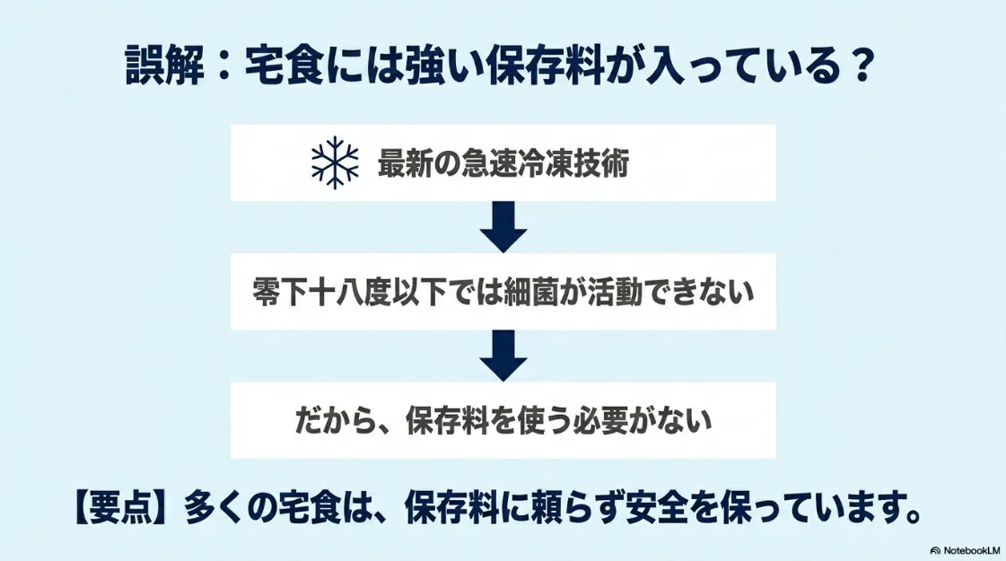 急速冷凍技術によって細菌の活動を抑え、保存料を使わずに長期保存を実現する仕組みを解説した図