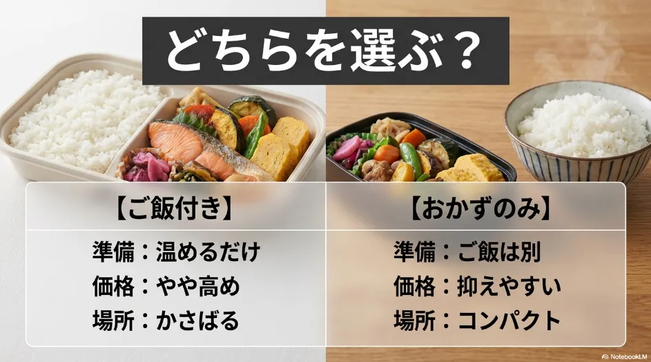 ご飯付き宅配弁当とおかずのみ宅配弁当の準備、価格、保存スペースの違いを比較したスライド