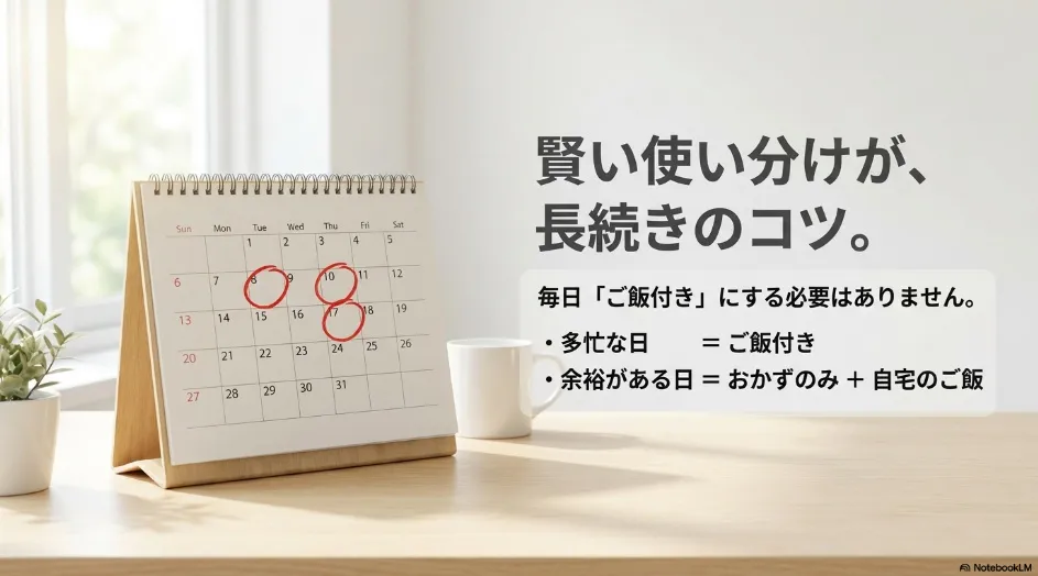 忙しい日はご飯付き、余裕のある日はおかずのみと自宅のご飯を使い分ける方法を示すスライド