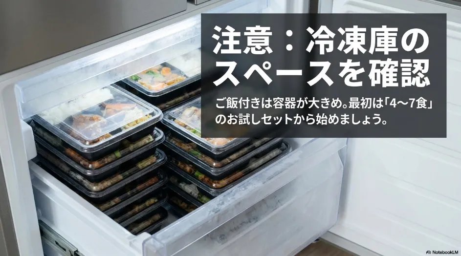 ご飯付き冷凍宅配弁当を冷凍庫に収納する様子と、初回は4食から7食を勧める注意点のスライド