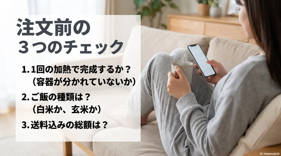 ご飯付き宅配弁当を注文する前に、加熱回数、ご飯の種類、送料込み総額を確認するスライド