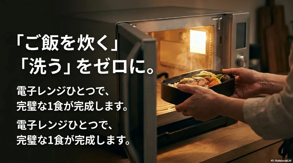 電子レンジでご飯付き宅配弁当を温め、炊飯や洗い物を減らせることを説明するスライド