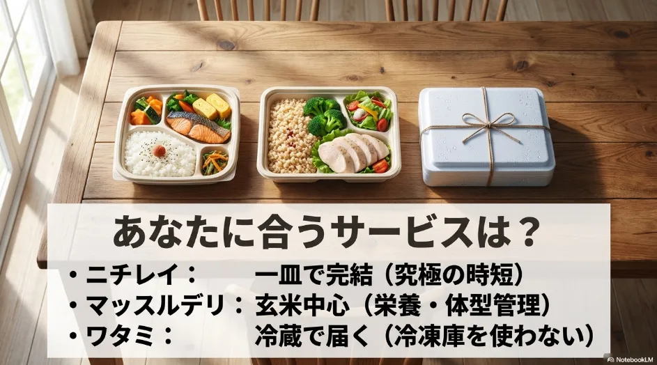ニチレイ、マッスルデリ、ワタミの特徴を比較し、自分に合うご飯付き宅配弁当を紹介するスライド