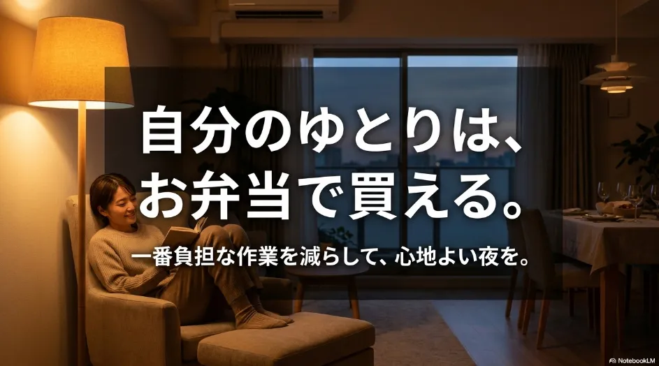 夜にくつろぐ女性と、負担の大きい家事を宅配弁当で減らして自分の時間を確保する様子を描いたスライド