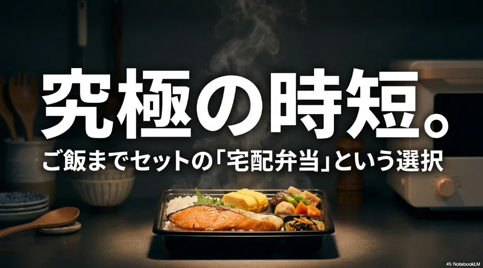ご飯と焼き鮭のおかずが一つの容器に入ったご飯付き宅配弁当と、炊飯不要の時短を伝えるスライド