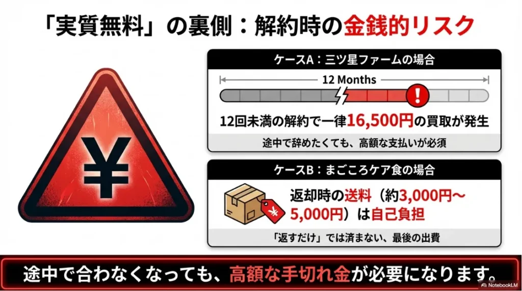 三ツ星ファームの16,500円買取や、まごころケア食の返送料自己負担など、解約時のコストを説明する図解