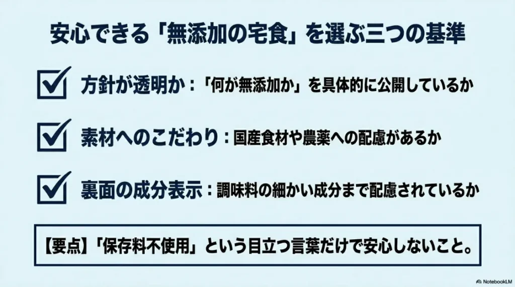 無添加宅食を選ぶ際の3つの基準として方針の透明性、素材へのこだわり、成分表示の確認をまとめた図
