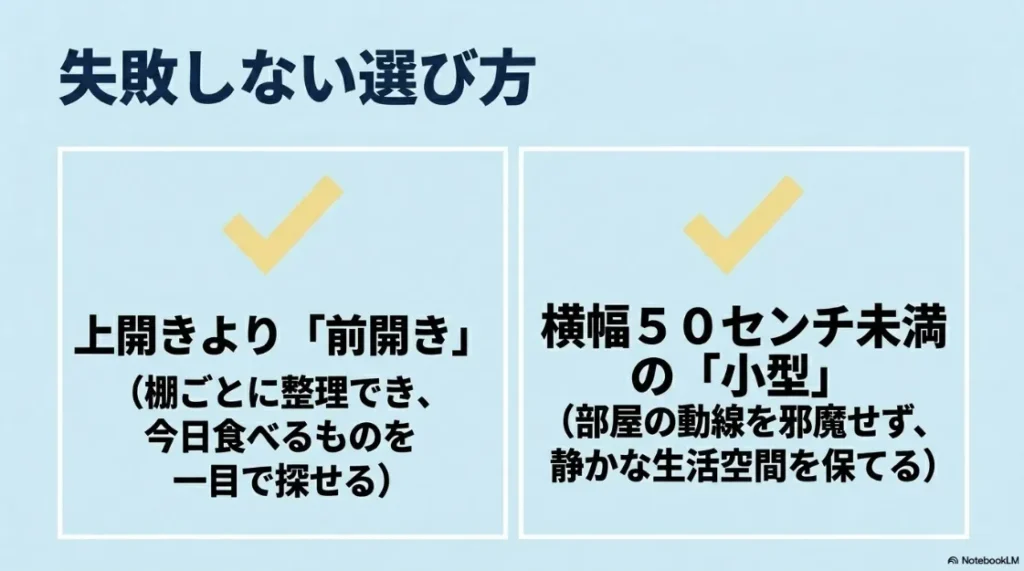 失敗しない冷凍庫の選び方として、上開きより棚ごとに整理できる「前開き」で、横幅50センチ未満の「小型」を選ぶことを推奨するスライド。