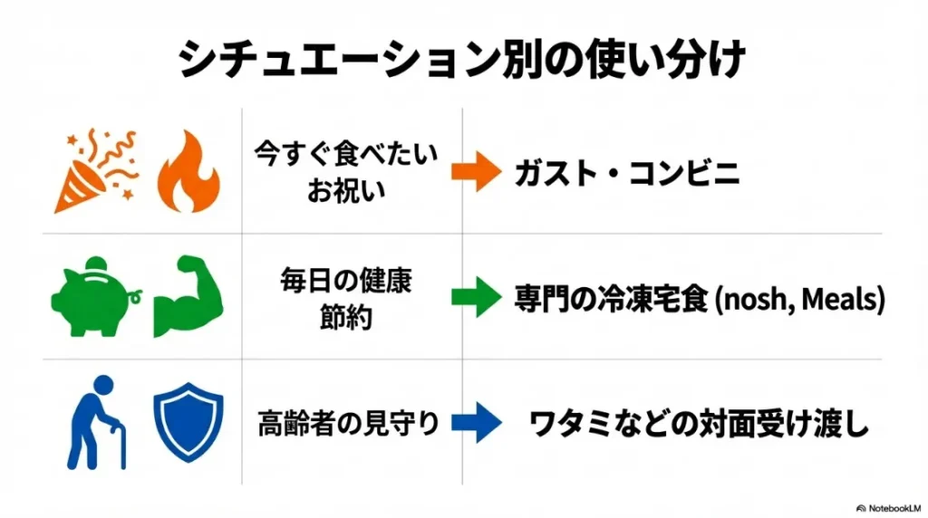 お祝いや即時性はガスト・コンビニ、健康と節約なら専門の冷凍宅食、高齢者の見守りならワタミなど、目的別の使い分け表。